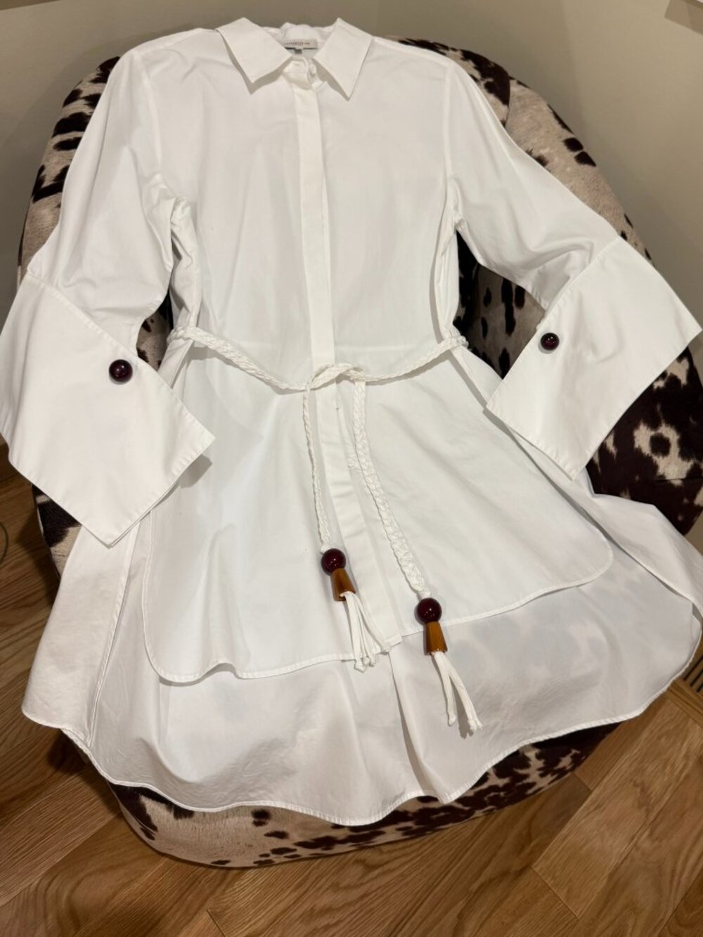 Lafayette 148 NY White Cotton Oversized Shirt with Braided Tie, Size Medium